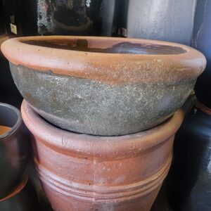 Low Glazed Bowl - Green/Brown -  24"D x 12"H, - FLAWED GLAZE